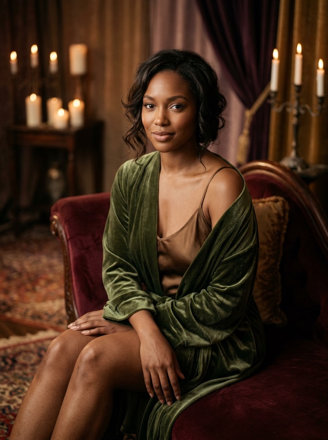Domina Larkin, The Sensualist. AI-illustrated Mistress archetype character.